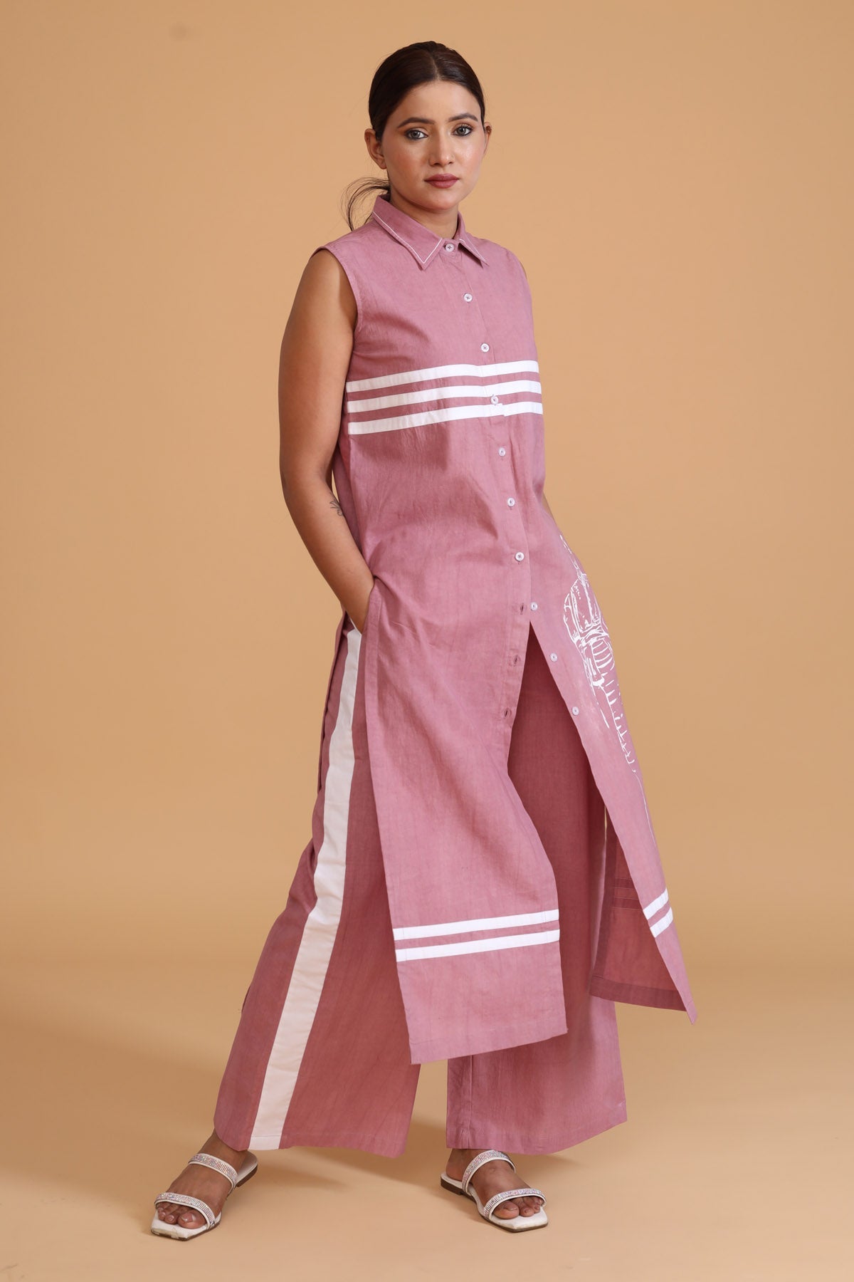 Pink Hand Painted Shirt Tunic - Elegant Cotton Poplin Design at ScrollnShops